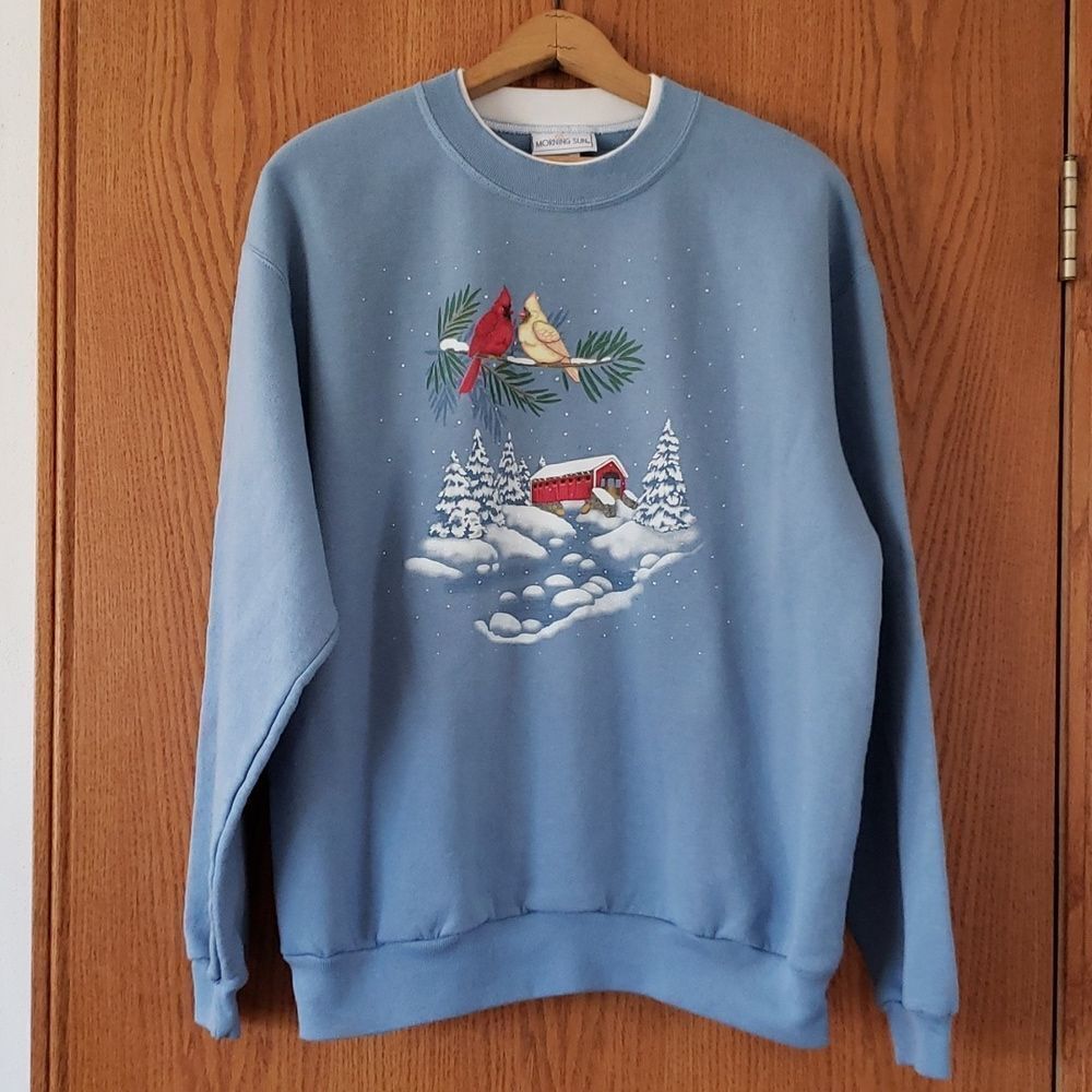 NWOT Morning Sun Christmas Sweatshirt Cardinals Covered Bridge Sz XL